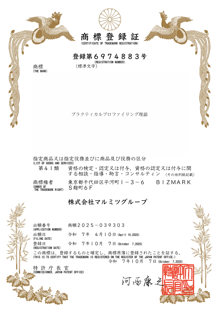 プラクティカルプロファイリング理論の商標登録証：登録第第6974883号