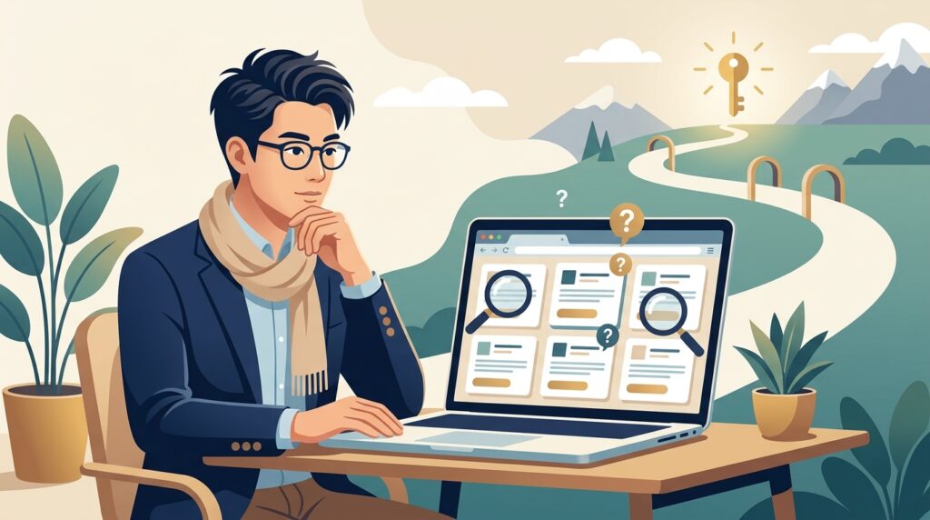 求人サイトを前に仕事の探し方で悩むコンサルタントと、その後のステップ（最初の1件）を表現したイラスト