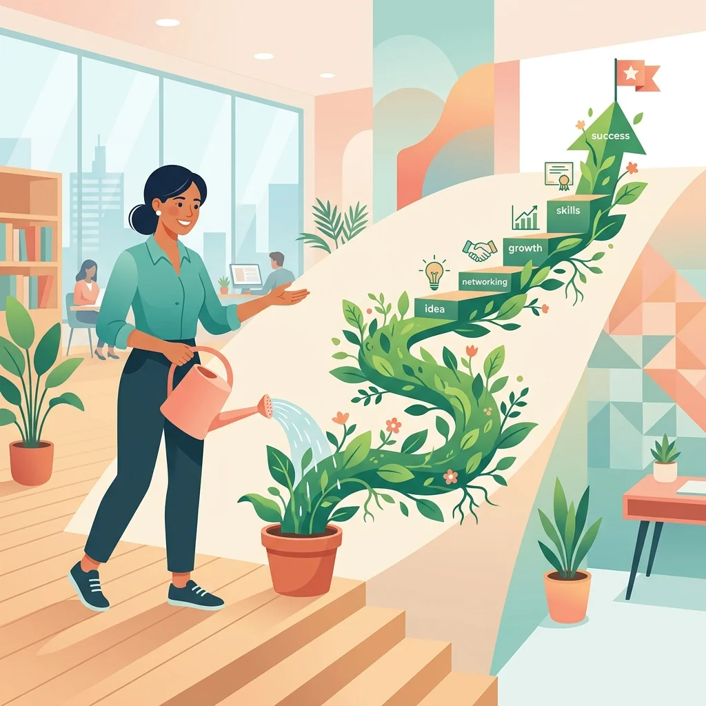 自分の適性やスキルを小さな植物を育てるように育んでいるビジネスパーソンのイラスト
